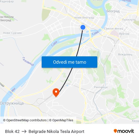 Blok 42 to Belgrade Nikola Tesla Airport map