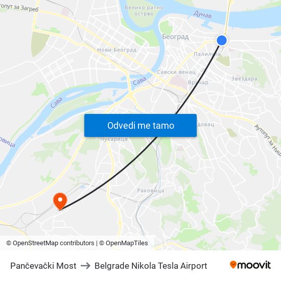 Pančevački Most to Belgrade Nikola Tesla Airport map