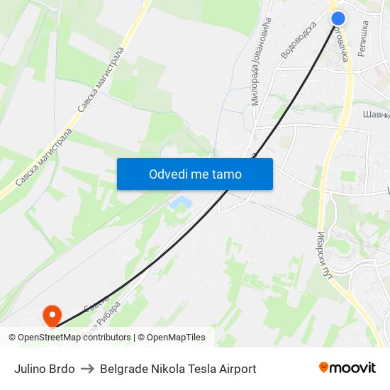 Julino Brdo to Belgrade Nikola Tesla Airport map