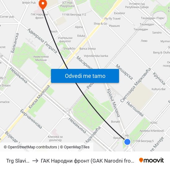 Trg Slavija to ГАК Народни фронт (GAK Narodni front) map
