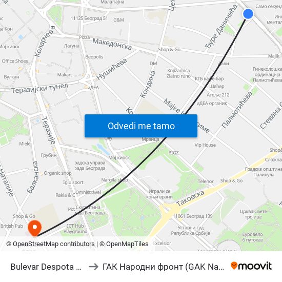 Bulevar Despota Stefana to ГАК Народни фронт (GAK Narodni front) map