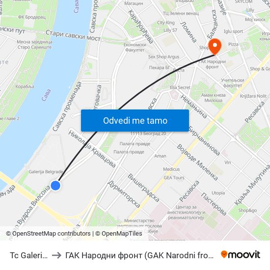 Tc Galerija to ГАК Народни фронт (GAK Narodni front) map