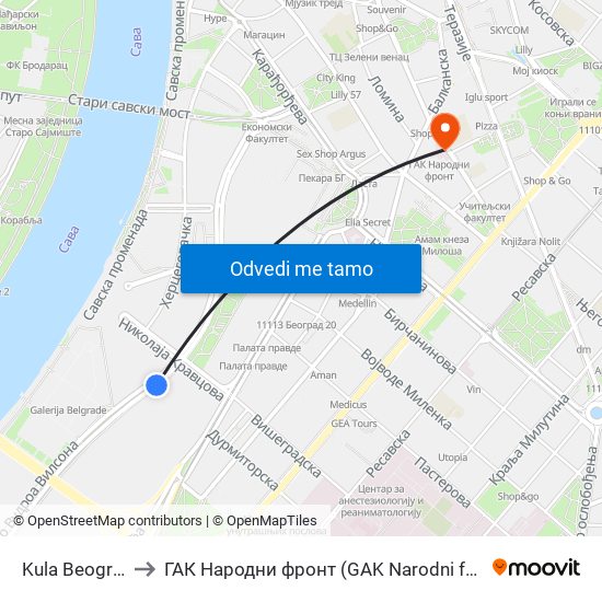 Kula Beograd to ГАК Народни фронт (GAK Narodni front) map