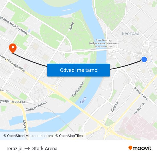 Terazije to Stark Arena map
