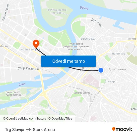 Trg Slavija to Stark Arena map