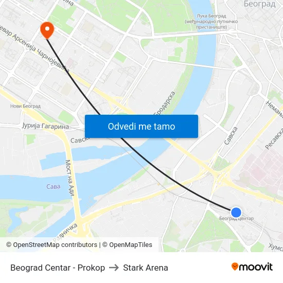 Beograd Centar - Prokop to Stark Arena map