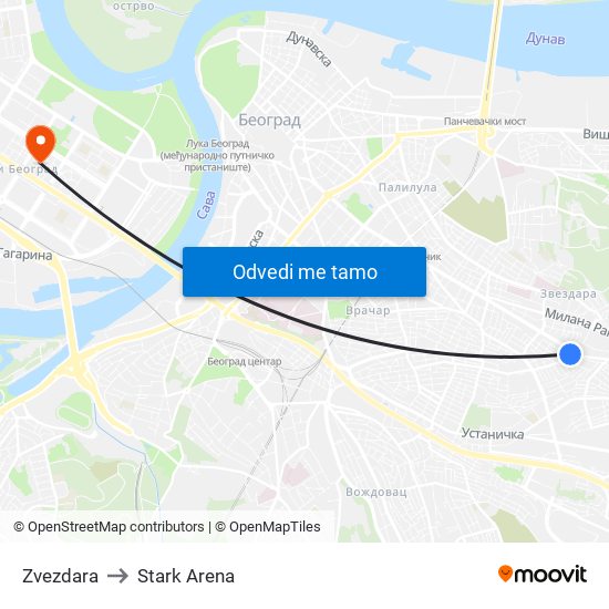 Zvezdara to Stark Arena map