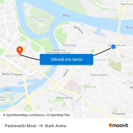 Pančevački Most to Stark Arena map