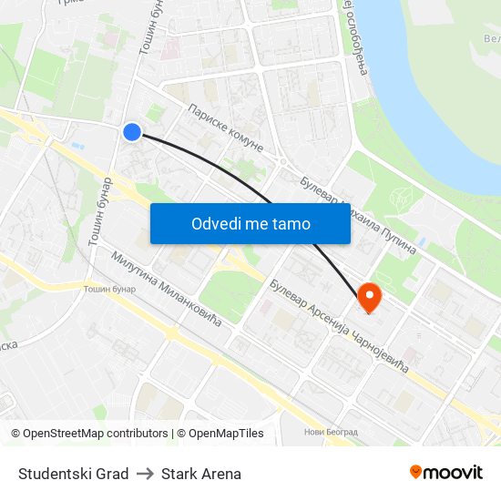 Studentski Grad to Stark Arena map