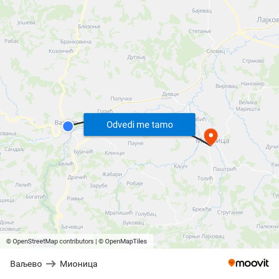 Ваљево to Мионица map