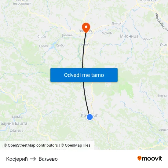 Косјерић to Ваљево map