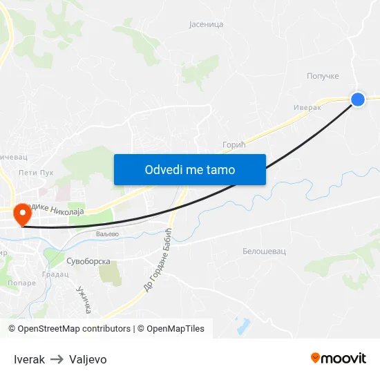 Iverak to Valjevo map