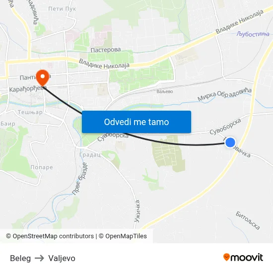 Beleg to Valjevo map