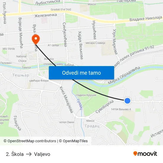 2. Škola to Valjevo map