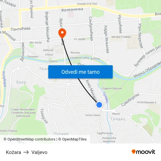 Kožara to Valjevo map