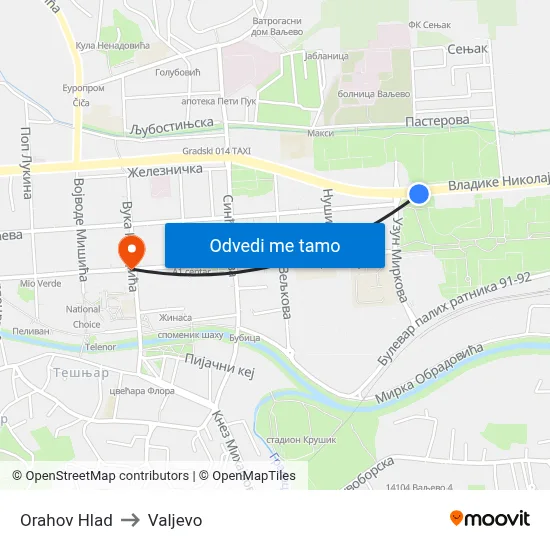 Orahov Hlad to Valjevo map