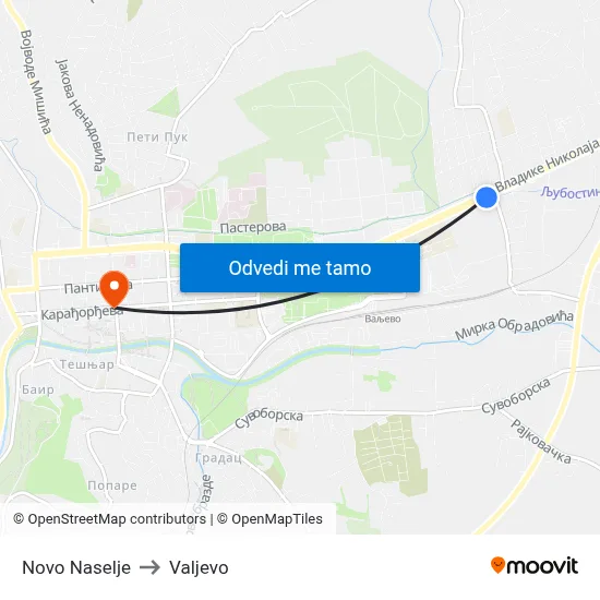 Novo Naselje to Valjevo map