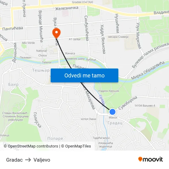 Gradac to Valjevo map
