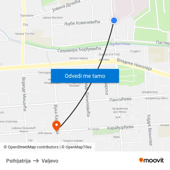 Psihijatrija to Valjevo map