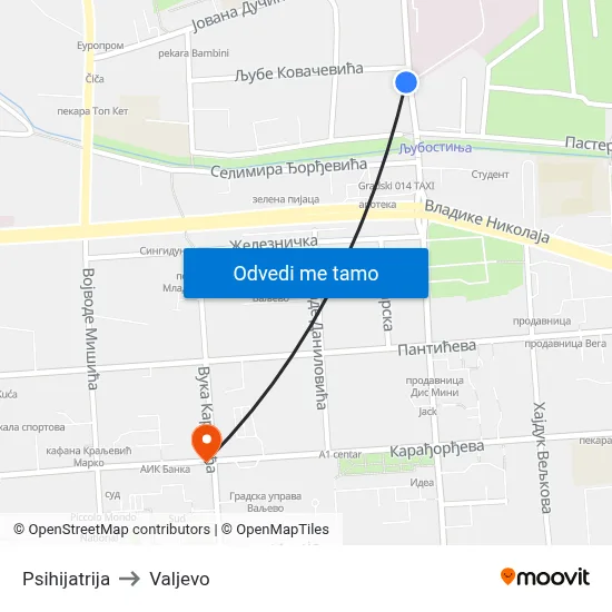 Psihijatrija to Valjevo map