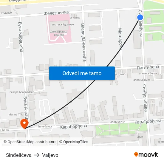 Sinđelićeva to Valjevo map