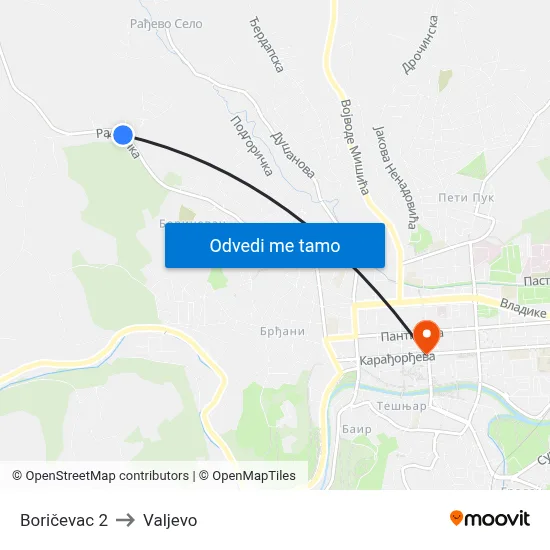 Boričevac 2 to Valjevo map