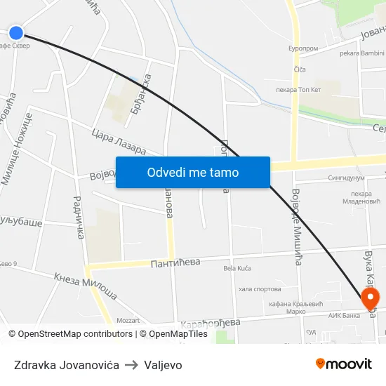Zdravka Jovanovića to Valjevo map