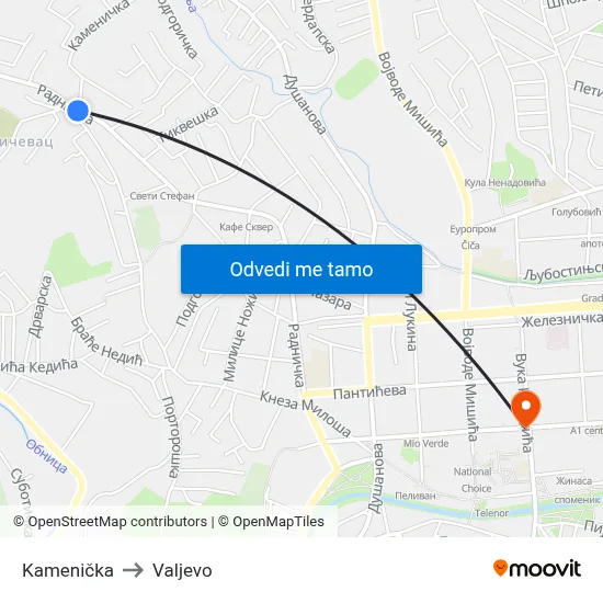 Kamenička to Valjevo map