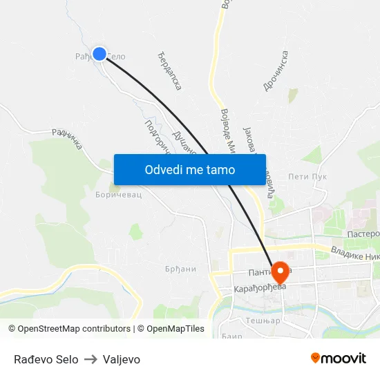 Rađevo Selo to Valjevo map