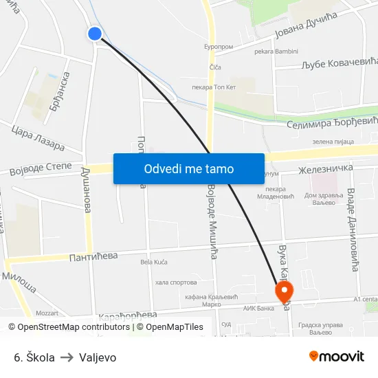 6. Škola to Valjevo map