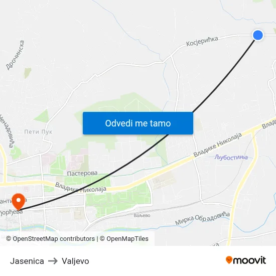 Jasenica to Valjevo map