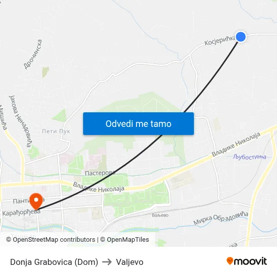 Donja Grabovica (Dom) to Valjevo map