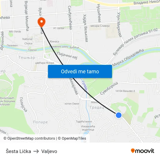 Šesta Lička to Valjevo map