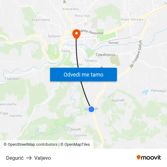 Degurić to Valjevo map