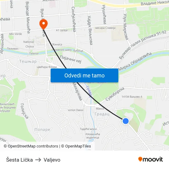 Šesta Lička to Valjevo map