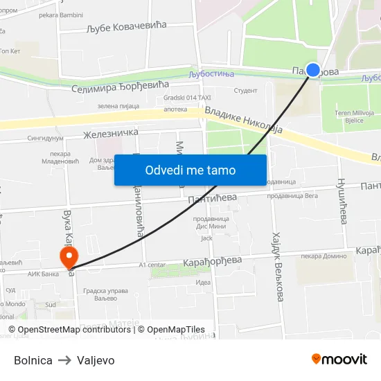 Bolnica to Valjevo map