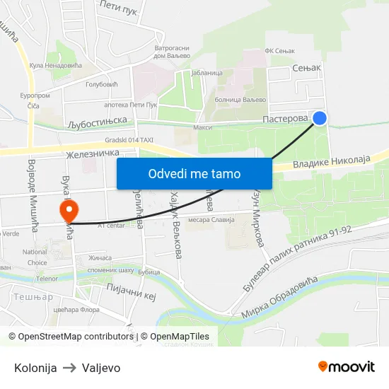Kolonija to Valjevo map