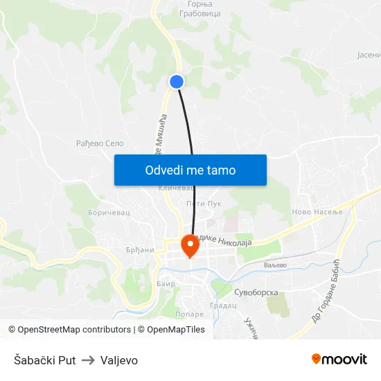 Šabački Put to Valjevo map