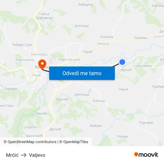 Mrčić to Valjevo map