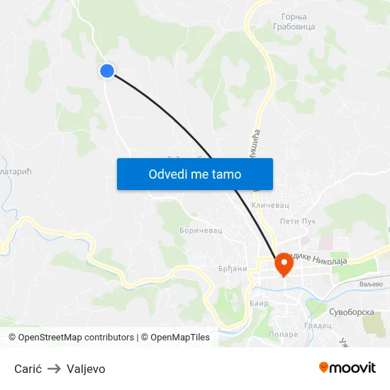 Carić to Valjevo map