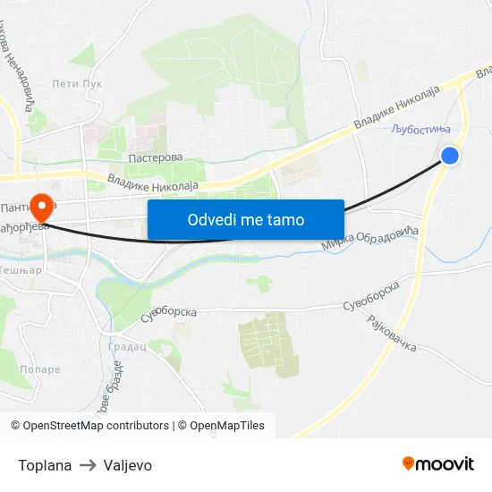 Toplana to Valjevo map