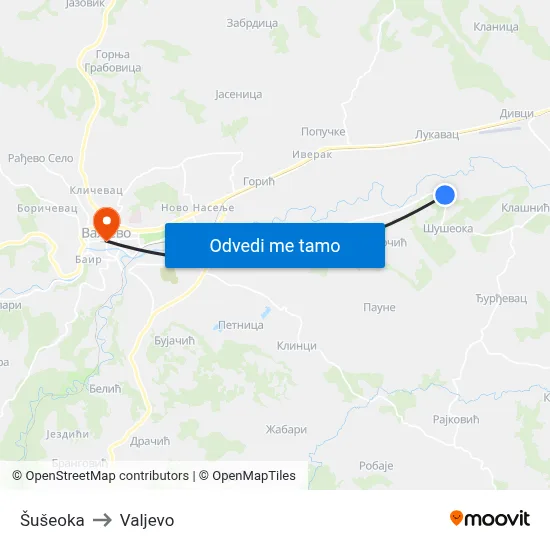 Šušeoka to Valjevo map