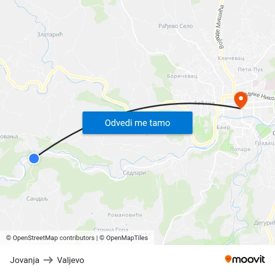 Jovanja to Valjevo map