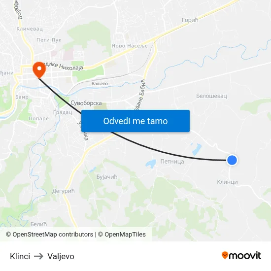 Klinci to Valjevo map