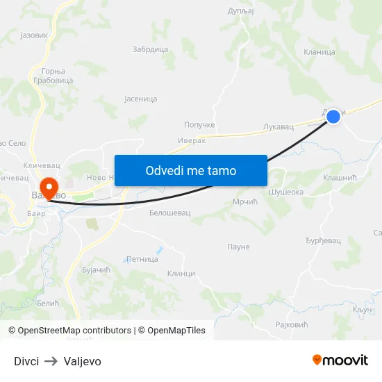 Divci to Valjevo map