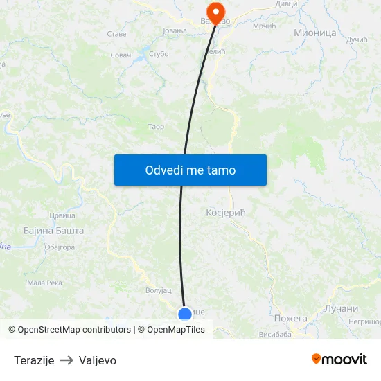 Terazije to Valjevo map