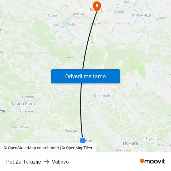 Put Za Terazije to Valjevo map