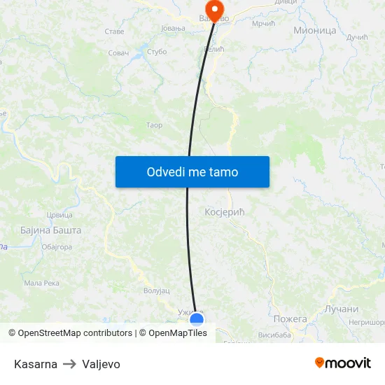 Kasarna to Valjevo map