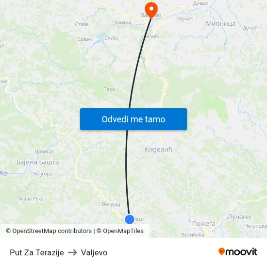 Put Za Terazije to Valjevo map