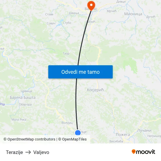 Terazije to Valjevo map
